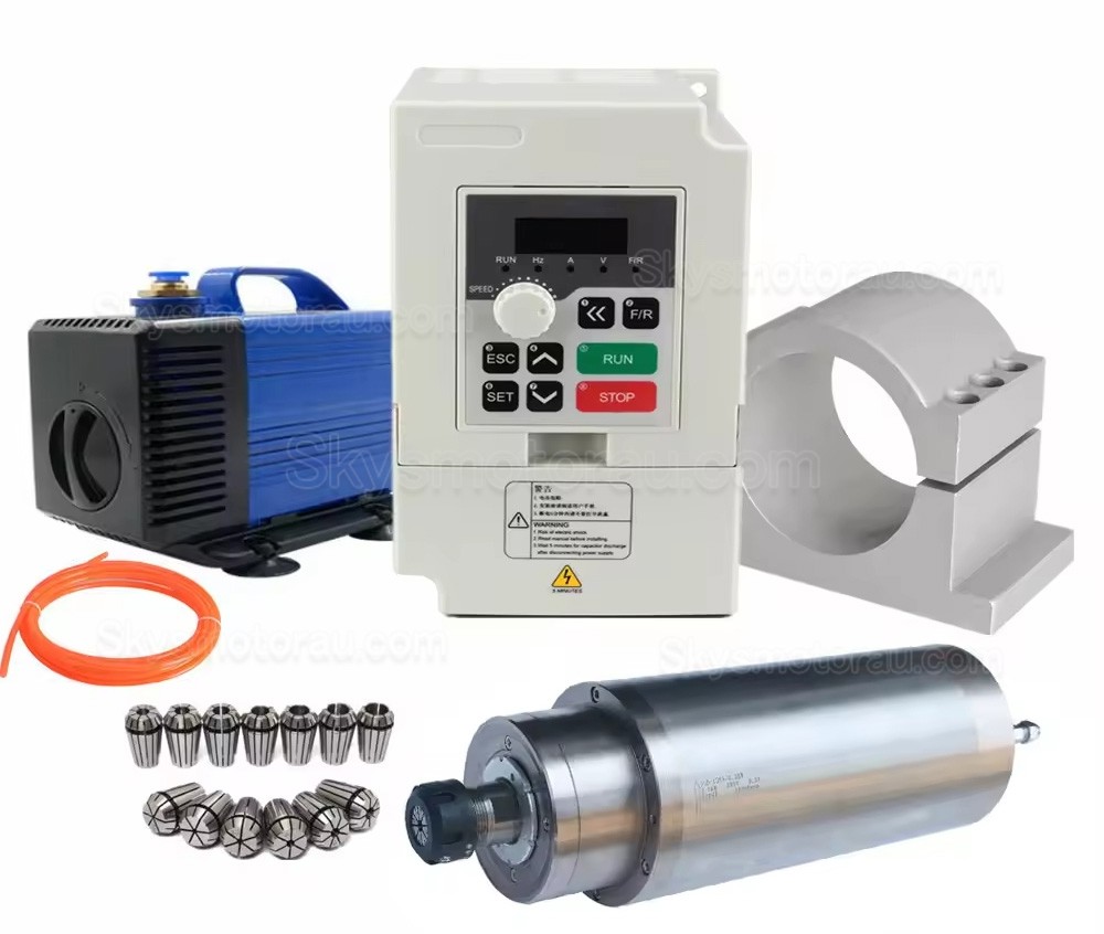 4.5KW VFD Spindle Kit JDG-125S.4.5 + H100-5.5S2/T4-1A Indc. Water Cooled Spindle Motor + VFD + Water Pump + 13Pcs ER25 Collet + Bracket